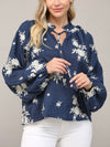 NAVY EMBROIDERED RUFFLE TIE NECK BLOUSE