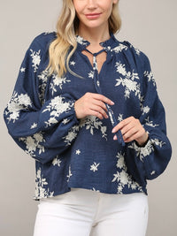 NAVY EMBROIDERED RUFFLE TIE NECK BLOUSE