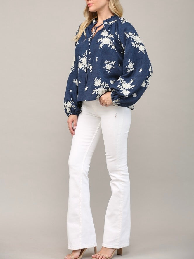 NAVY EMBROIDERED RUFFLE TIE NECK BLOUSE