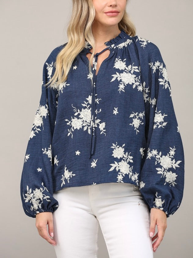 NAVY EMBROIDERED RUFFLE TIE NECK BLOUSE