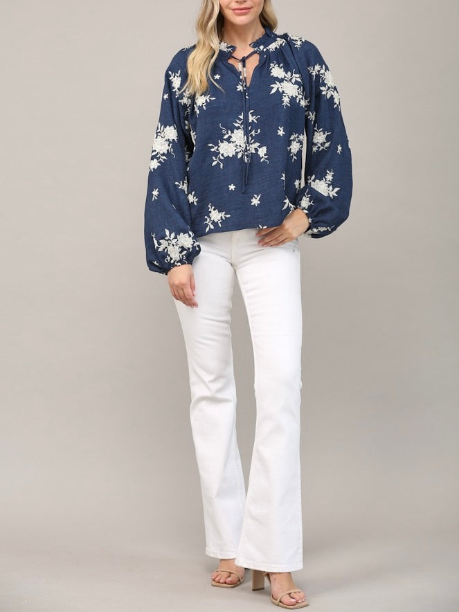 NAVY EMBROIDERED RUFFLE TIE NECK BLOUSE