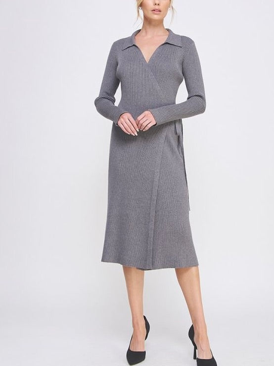 HEATHER GRAY WRAP SWEATER DRESS